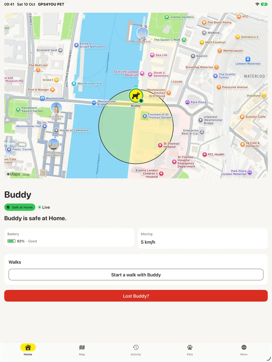 Home screen of the GPS4YOU PET app on iPad