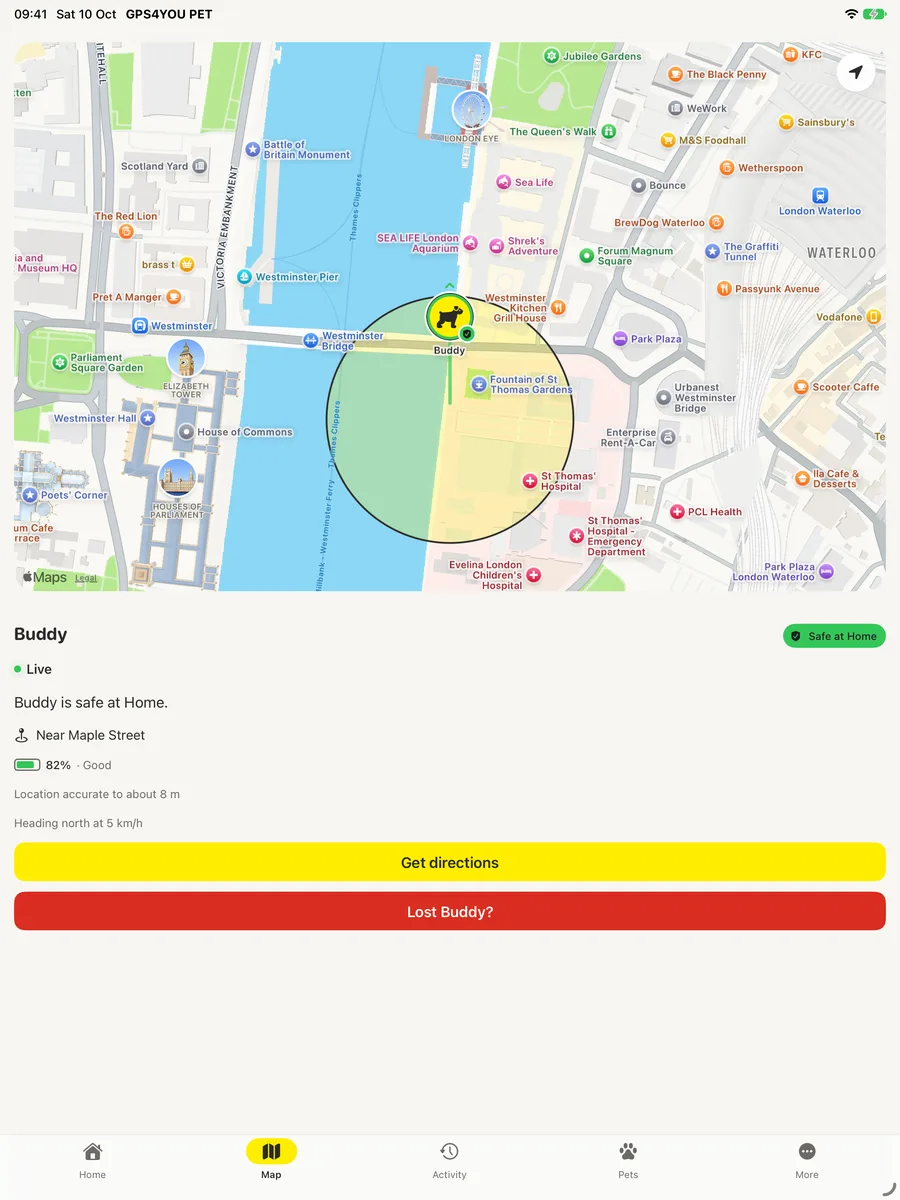 Live map screen of the GPS4YOU PET app on iPad